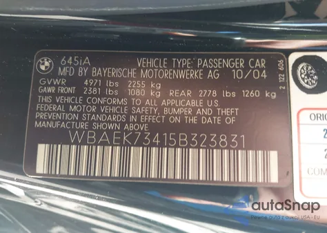 2005 BMW 645Ci из США, поврежденный, VIN WBAEK73415B323831